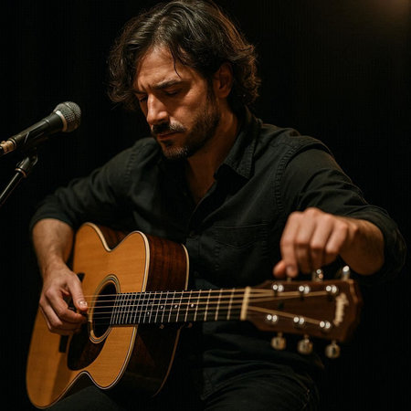 Portrait of a man playing acoustic guitar on a black background.
