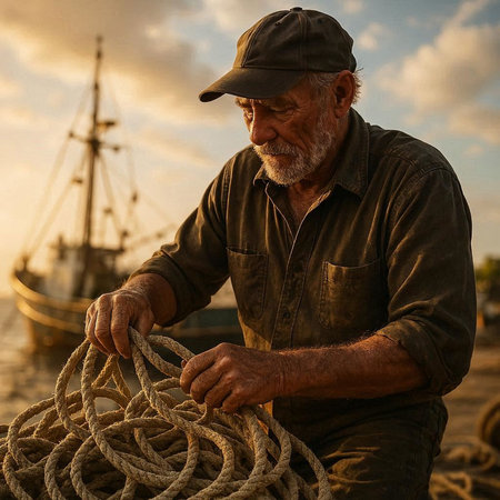 Portrait of a senior man working on a fishing boat at sunset
