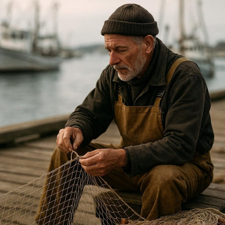 Portrait of an old fisherman sitting on a pier and fishing net