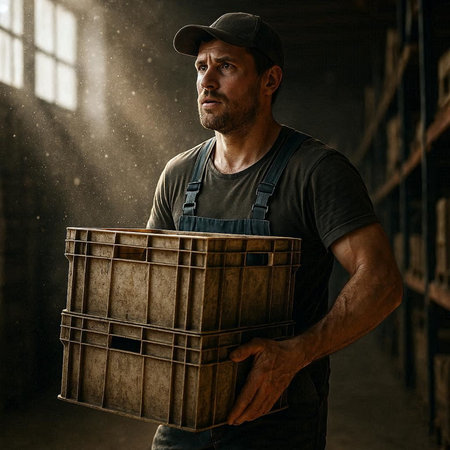 Portrait of a confident male warehouse worker holding a large wooden box.