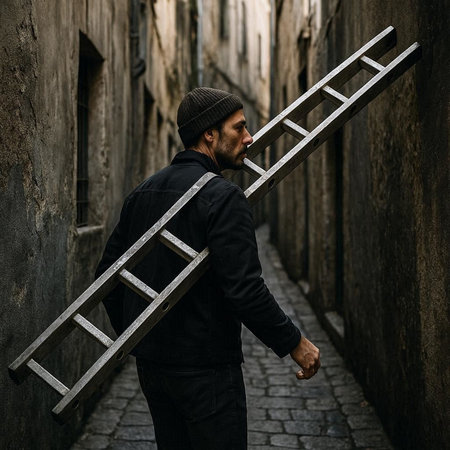 Portrait of a man with a ladder in the old city.