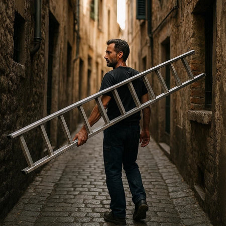 Portrait of a man with a ladder in the old city.
