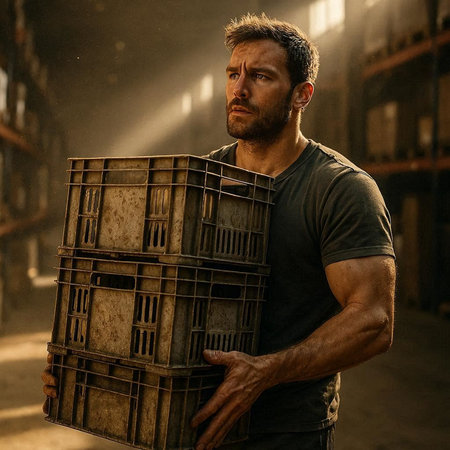 Portrait of a man with a stack of boxes in a warehouseの写真素材