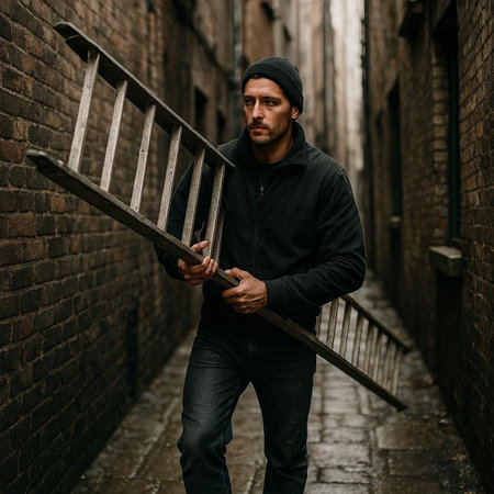 Handsome young man with a beard and mustache in a black sweatshirt and a hat with a metal ladder in the cityの写真素材
