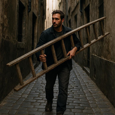 Handsome bearded man holding a wooden ladder in the old city.