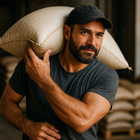 Portrait of a handsome man with a beard in a cap and a T-shirt holding a pillowの写真素材