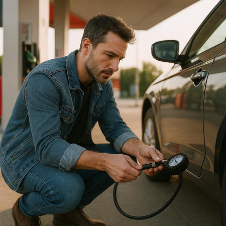 Handsome man refueling a car at the gas station.の写真素材