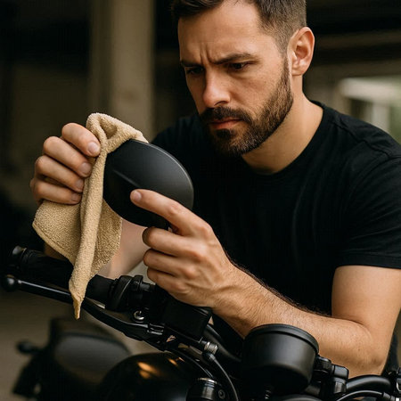 Close-up of a bearded man cleaning motorcycle with microfiber cloth