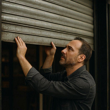 Portrait of a handsome mature man in a black t-shirt and jeans looking out the window.