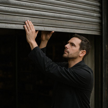 Handsome young man in black shirt standing near window and looking awayの写真素材