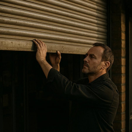 Handsome middle-aged man in a black T-shirt and jeans is standing in front of an old door.
