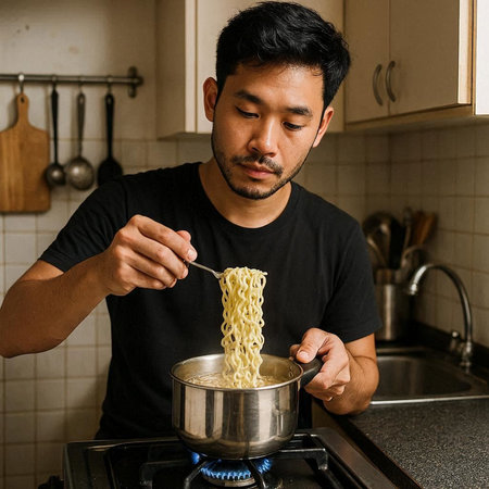 Asian man cooking instant noodle in the kitchen at home. Asian people