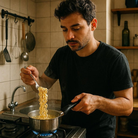 Young man cooking spaghetti in the kitchen at home. Healthy food concept.の写真素材