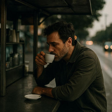 Handsome middle-aged man drinking coffee in the street.の写真素材