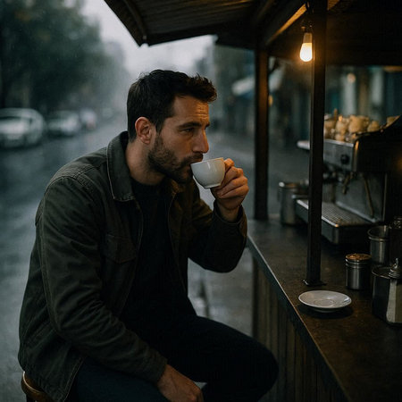 Young handsome man drinking coffee in a cafe on a rainy day.