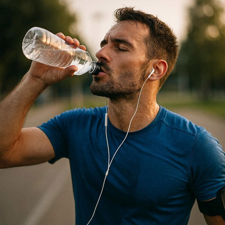 Athletic man drinking water after jogging in the park.