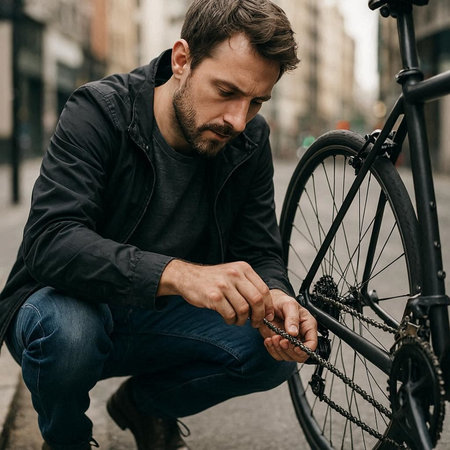Handsome young man fixing bicycle wheel outdoors. Bike repair concept