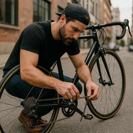 bearded man in cap and black t-shirt with chain on bicycle