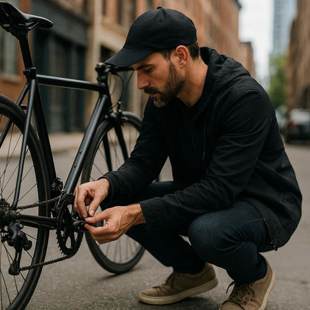 handsome bearded man in cap fixing bicycle wheel on street in city