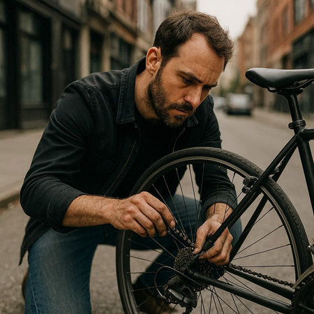 handsome middle aged man repairing bicycle in the city street, lifestyle people concept