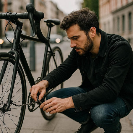 Handsome bearded man in casual clothes sitting on the street with his bicycle, looking at his watchの写真素材