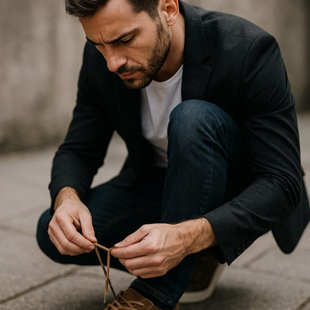 Portrait of a handsome young man tying his shoelaces.の写真素材