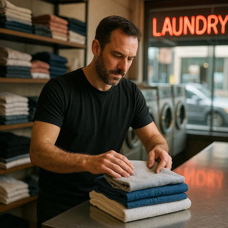 Man choosing clean towels in the store. Man choosing clean towels in the store.