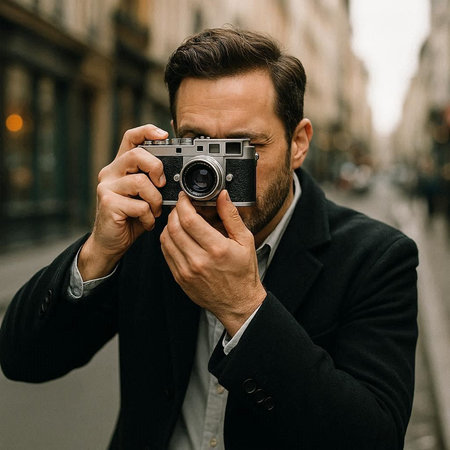 Portrait of a handsome man in a black suit with a retro camera in his hands.