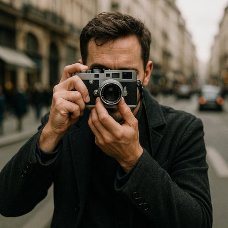 Handsome young man taking photos with vintage camera in the city