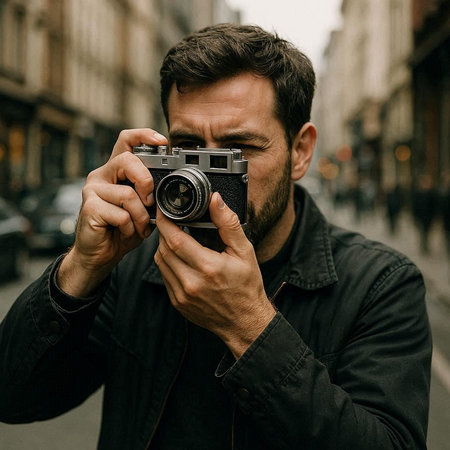 Handsome young man taking photos with vintage camera in the city