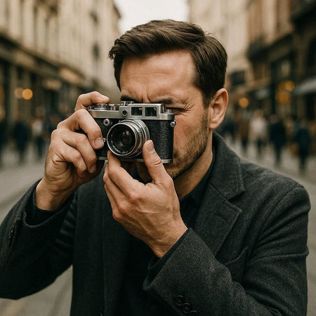 Handsome young man taking photos with vintage camera in the city