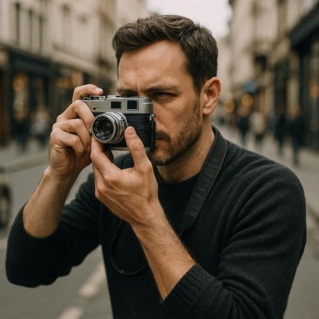 Handsome bearded man taking photos with vintage camera in the city