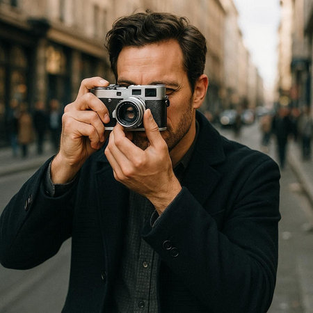 Handsome man taking photos with vintage camera in the street.