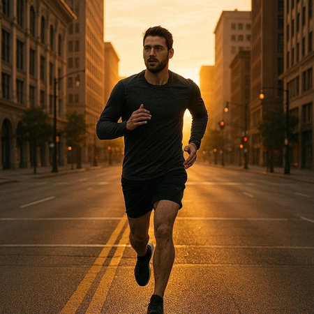 Running man in city at sunset. Sport fitness model caucasian ethnicity training outdoor.