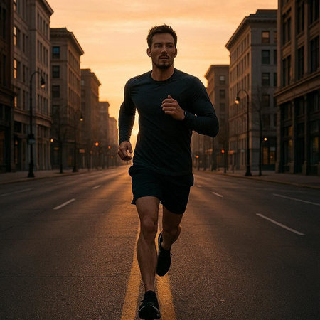 Running man jogging in the city at sunset. Sport fitness model caucasian ethnicity training outdoor.