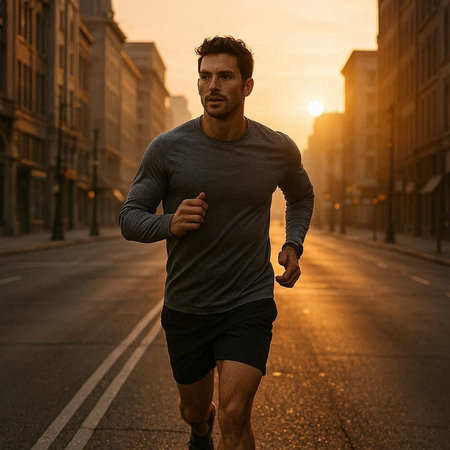 Running man jogging in the city at sunrise. Sport fitness model caucasian ethnicity training...