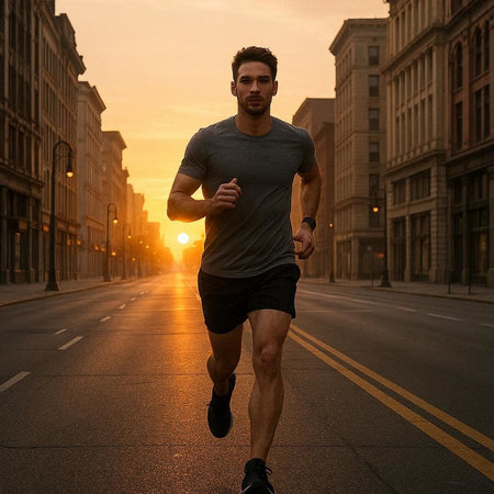 Running man jogging in city at sunrise. Sport fitness model caucasian ethnicity training outdoor.