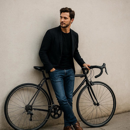 Handsome man in black sweater and jeans standing near vintage bicycle.