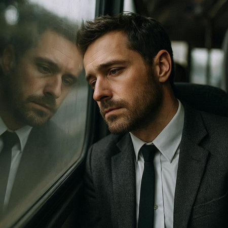 Portrait of a handsome man in a business suit looking through the window of a bus.の写真素材