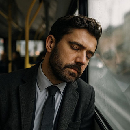 Portrait of a young man in a business suit sitting in a bus.の写真素材