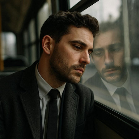 Portrait of a handsome man in a suit standing near the window