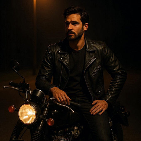 Portrait of a handsome man in leather jacket sitting on a motorcycle