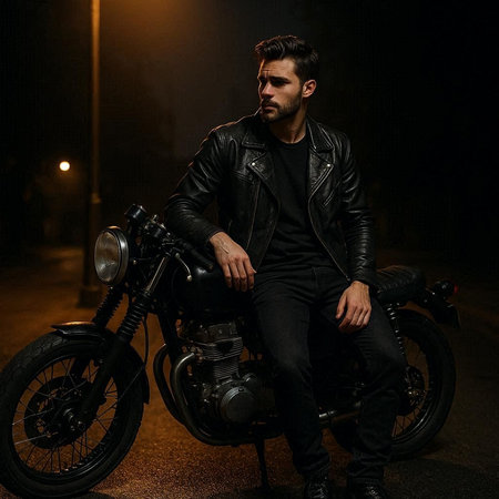 Handsome biker man in leather jacket sitting on motorcycle at night.