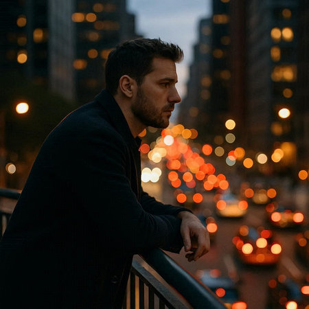Handsome young man in a black jacket standing on the balcony and looking at the city