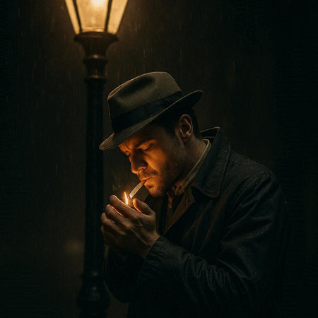 Man in a hat smoking a cigarette in the rain on a dark background