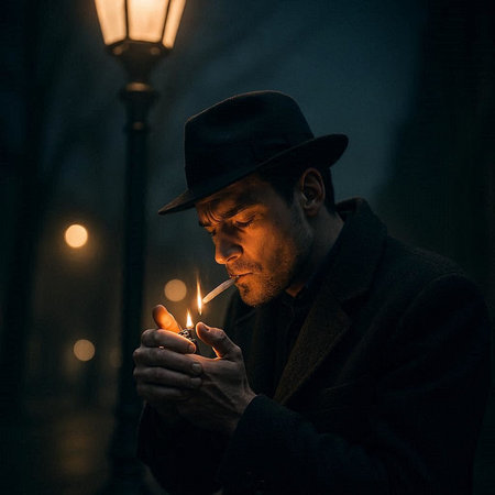 Man in a hat with a burning candle in his hand in the dark