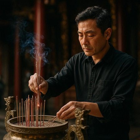 Handsome man lighting incense sticks in a Chinese temple.