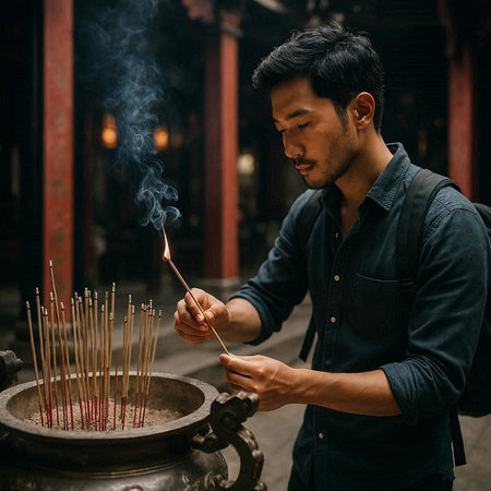 Handsome asian man lighting incense sticks in a temple