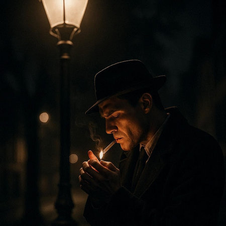 A man in a hat smokes a cigarette in the street at night.の写真素材