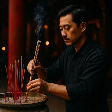 Asian man lighting incense sticks in a Buddhist temple at night.